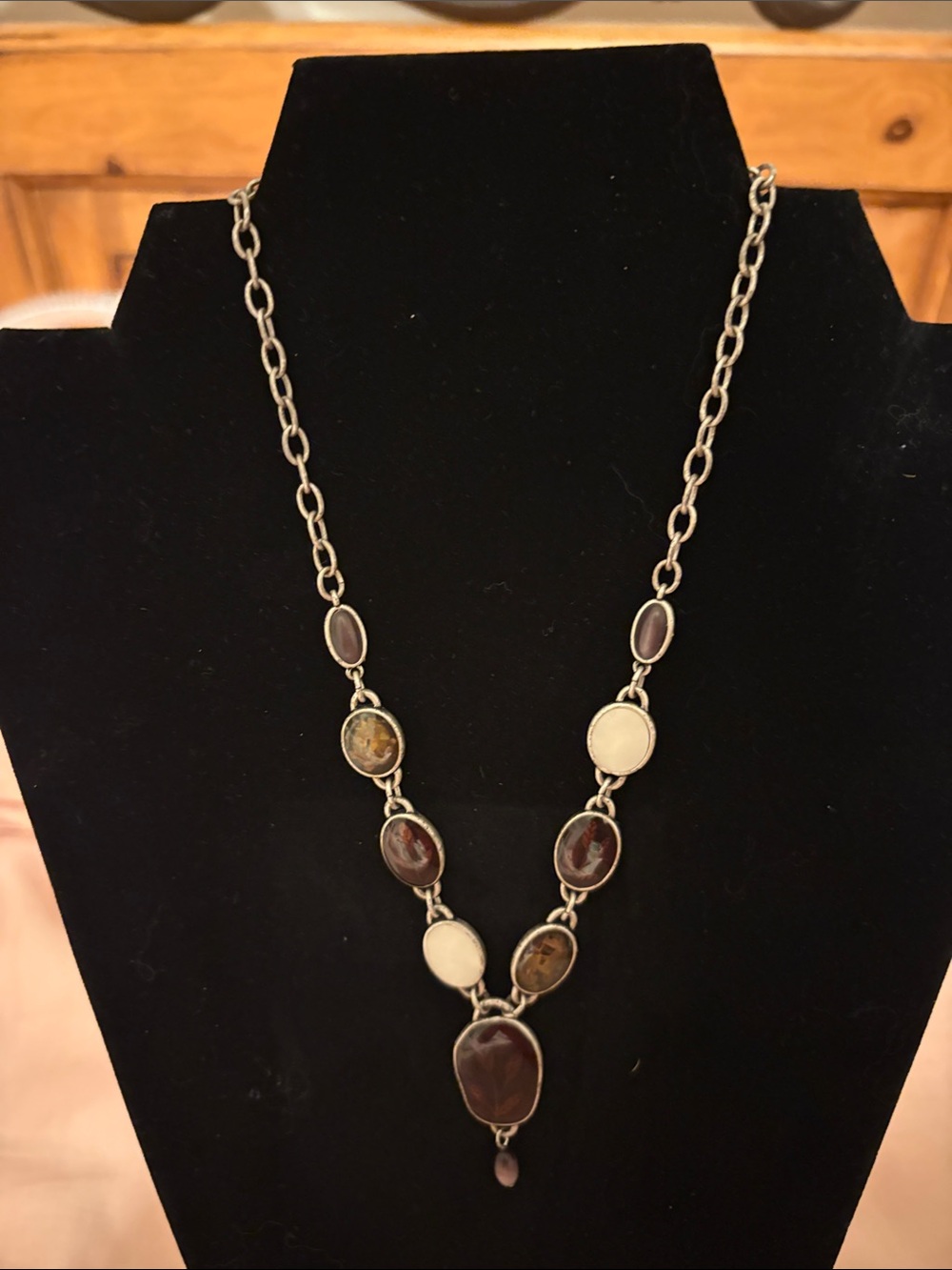 Silver Multi-Stone Purple and Cream Necklace